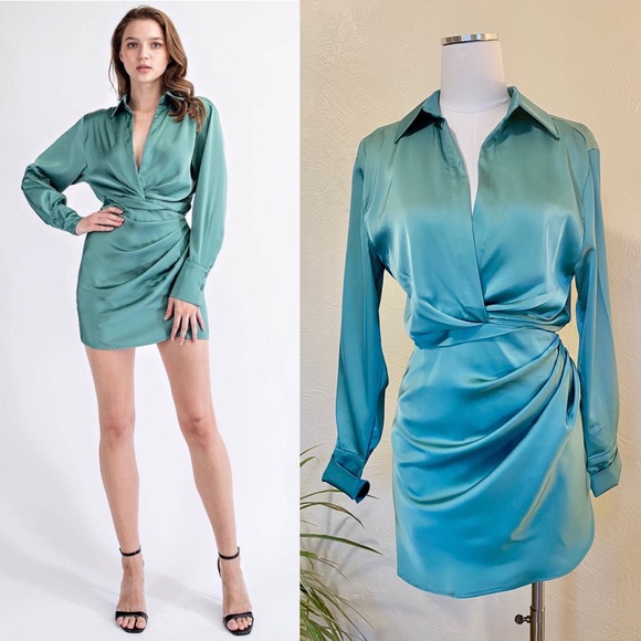 Edit by Nine Dresses & Skirts - NWT Emerald Green Satin Low Cut Mini Shirtdress